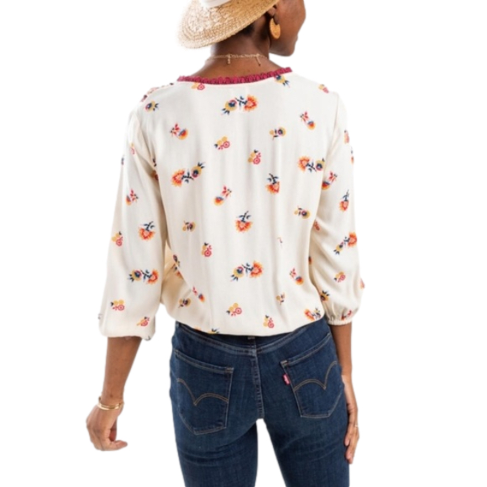 BLUE RAIN Blouse Surplice Boho Floral Creamy White Burgundy Trim Women Size S - Picture 6 of 15